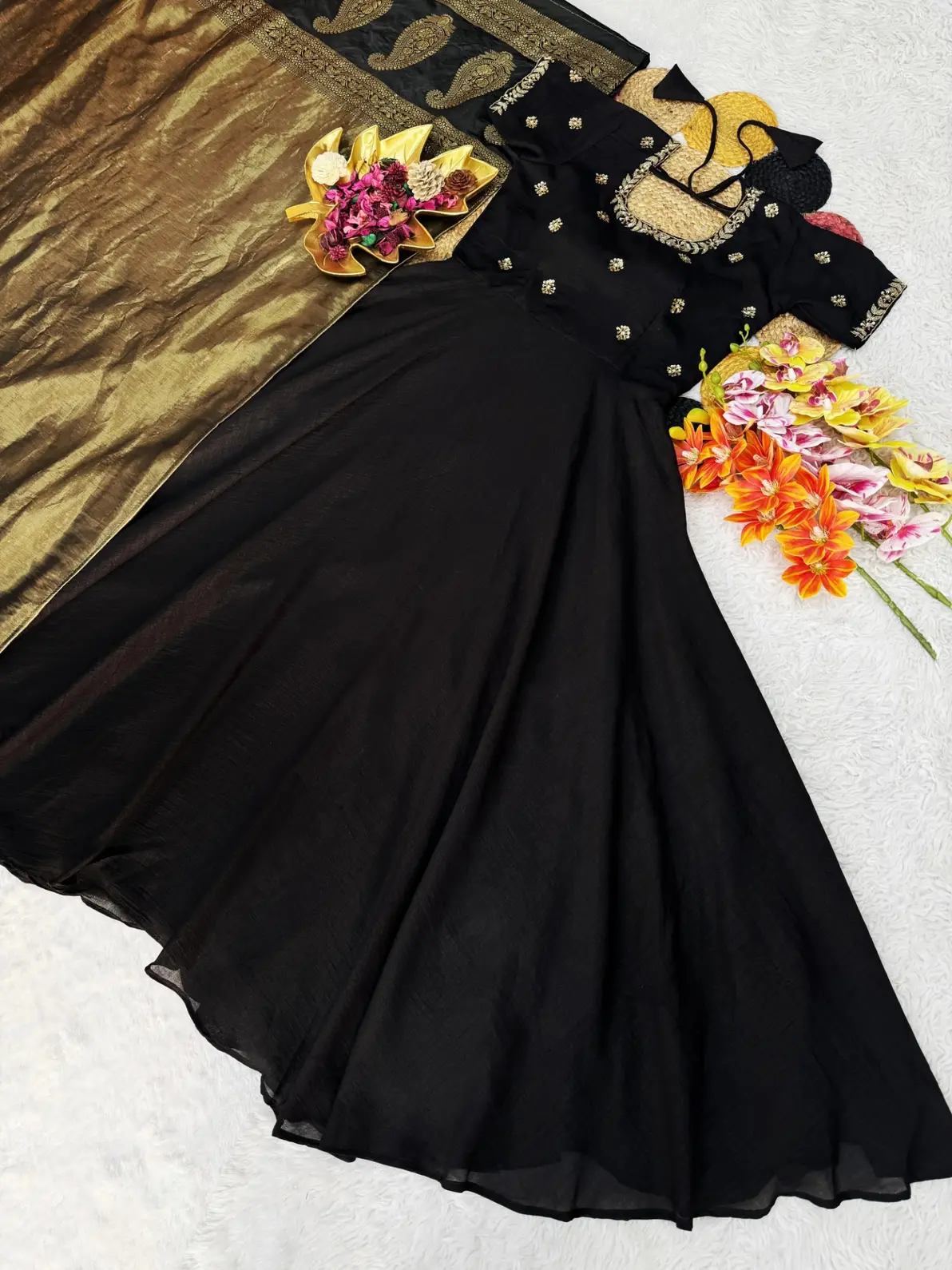 Black Vichitra Silk Maggam Work Gown with Soft Tissue Dupatta