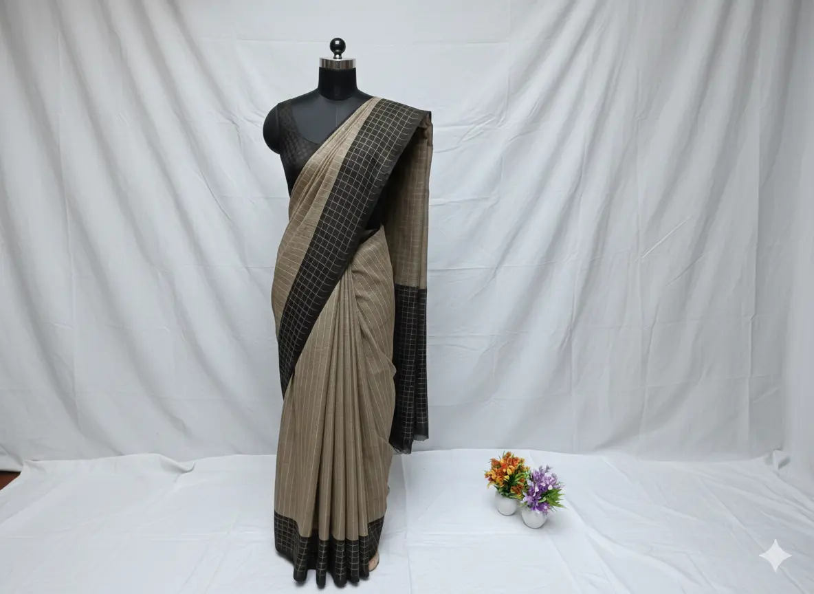 Pure Cotton Saree with Dual-Tone Beige & Black Checked Pallu